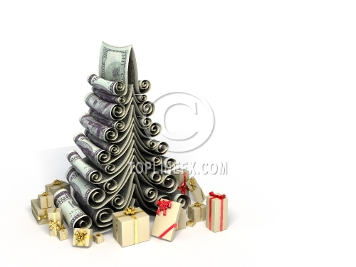 Conceptual fantasy Christmas fur-tree made of paper dollars