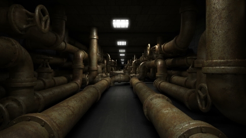 Industrial underground dark and horror tunnel with old piping system