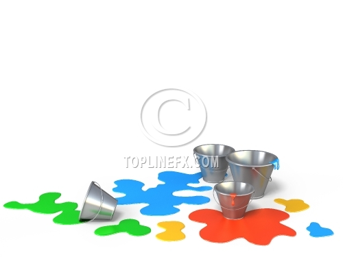 Buckets with different colors paint on a white background