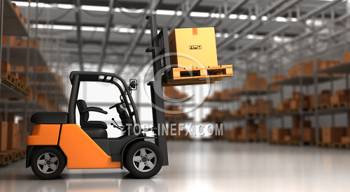 Forklift in warehouse with container