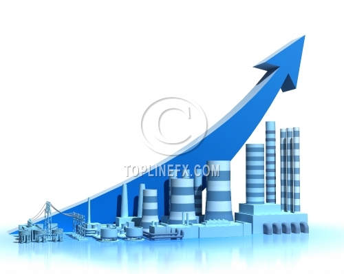 Industry growth concept. Different industrial buildings and arrow up. Business conceptual illustration