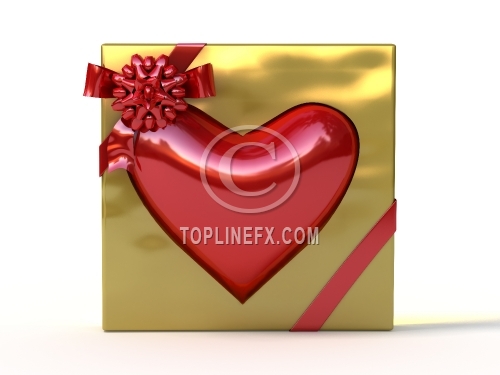 Red heart in golden gift box with ribbon and bow